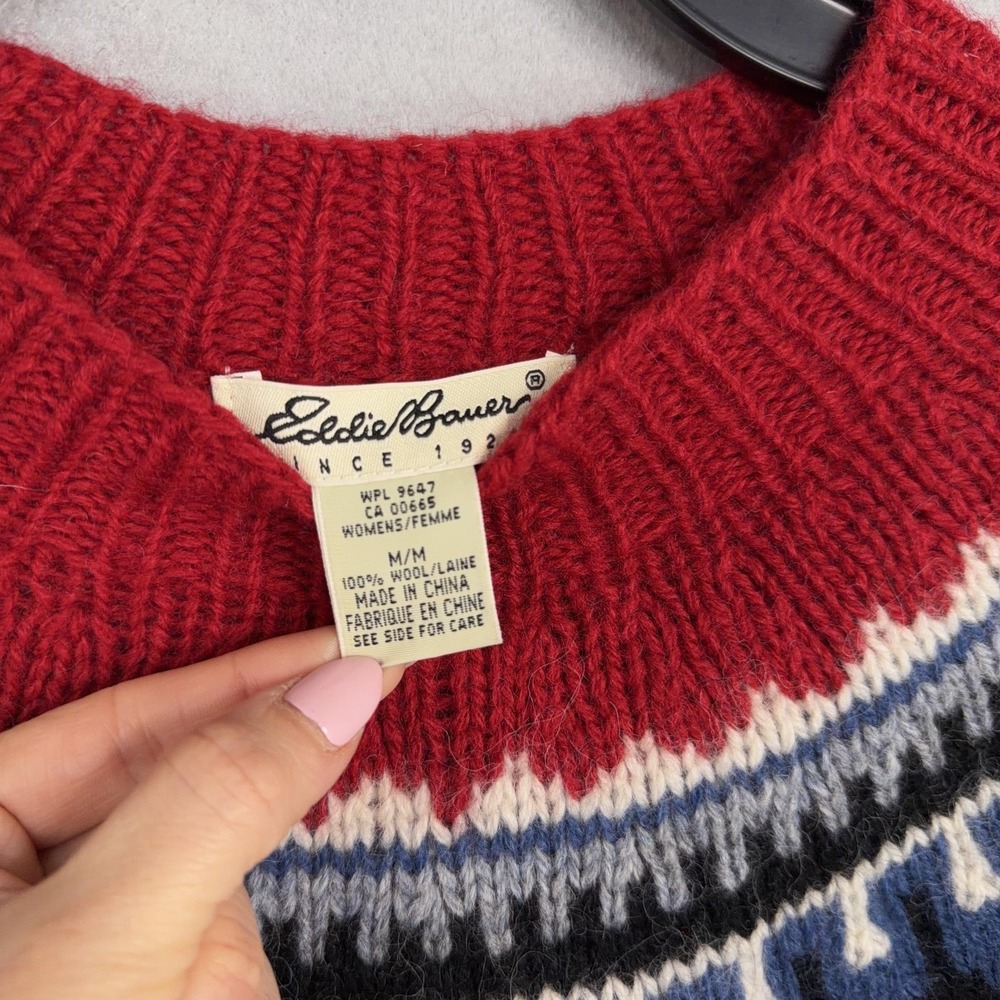 Eddie Bauer Sweater Womens Medium White Wool Fair Isle Crew Knit Chunky Pullover - Picture 2 of 6